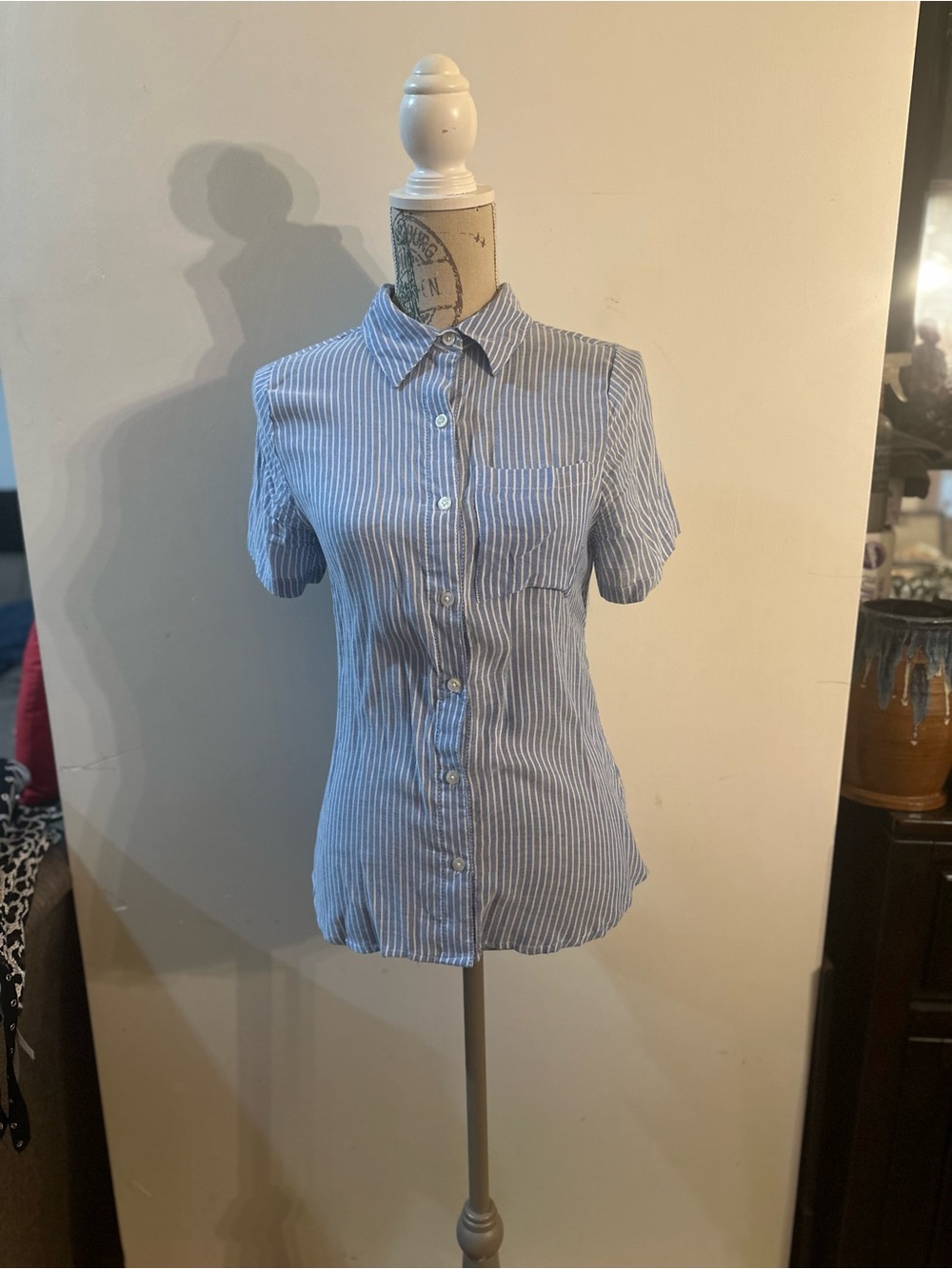 Classic Blue and White Striped Short-Sleeve Button-Down Shirt